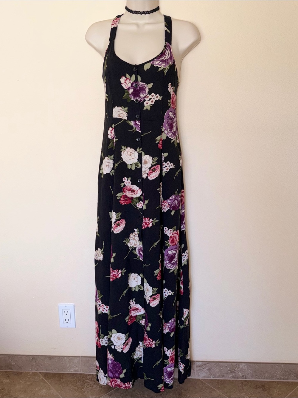 Lottie & Holly Band of Gypsys Black Floral Maxi Dress with Purple & Pink Roses